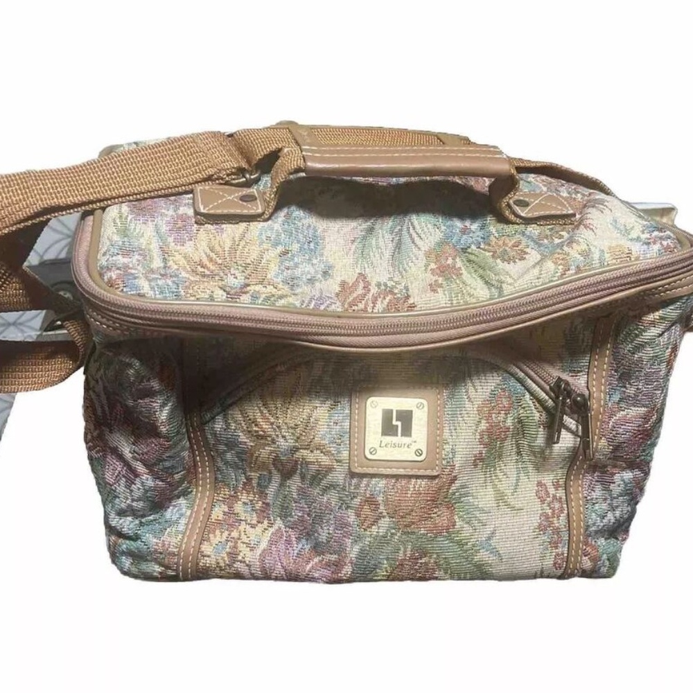 LEISURE Vintage Tapestry Floral Makeup Travel Bag Large w/ Long Strap & Mirror